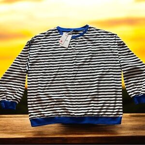 NWT EncoLax Navy White Stripe Sweatshirt Blue Trim Crewneck Long Sleeve Large‎
